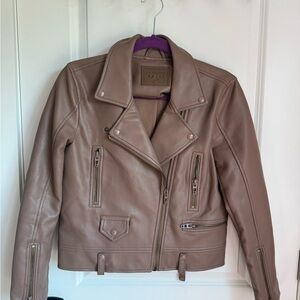 Blank NYC Brown Leather Moto Jacket with Notched Lapel